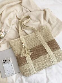 Bolso de playa estilo bohemio de color contrastante, bolso de playa tejido de gran capacidad con flecos y decoración de cuentas, adecuado para vacaciones en la playa y salidas diarias, regalo para maestros - Beis - Ver 5