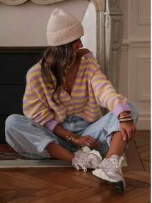 Women's Striped Knit Ribbed Button-Front Long Sleeve Cardigan, Elegant Casual For Daily Wear, Country Concert, Vacation, Spring, Autumn, Winter Fall - Mauve Purple - View 3