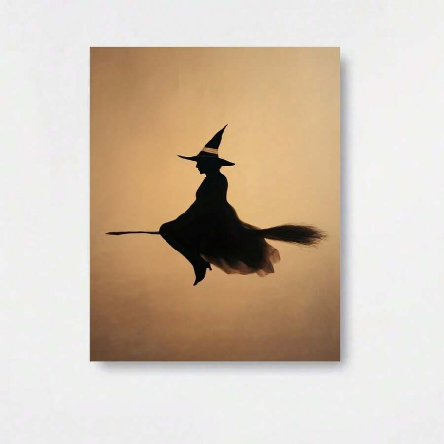 1 pieza de arte de pared de lienzo con bruja volando en escoba - Estilo clásico con marco de madera envuelta, panel plano de 1" de grosor, pintura de silueta vibrante naranja y negra para Halloween y decoración del hogar todo el año - Listo para colgar en sala de estar, dormitorio, oficina, decoración de bar - Regalo reutilizable con temática de brujas - Enmarcado - Ver 1