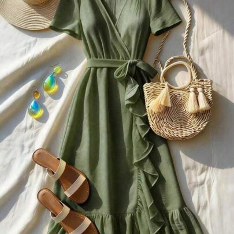 guang zhou mi qian shang mao Vestido elegante de media longitud con cuello en V con volantes y ajustado para vacaciones para mujer de talla estándar - Verde Oscuro - Ver 1