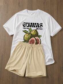 Herren Sommer Casual Loose Anzug, erfrischende Sommerstimmung, GUAVAS Guave Muster Kurzarm T-Shirt & Shorts mit Gummibund, geeignet für Zuhause, Outdoor, Stadt, jugendlich, minimalistisch, retro, vielseitig, Qualität, personalisiert, sportlich - Verschiedenfarbig - Übersicht 2
