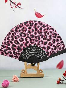 1 pieza Nuevo abanico plegable de seda con estampado de leopardo y mango negro - Multicolor - Ver 9