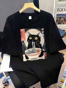 Plus Size Women's Short-Sleeved T-Shirt With A Cartoon Cat And Ramen Print, Suitable For Everyday Wear, Outings, Parties, School, Music Festivals, Vacations, Commuting, And Other Occasions. It Makes A Great Gift For Family, Boyfriends, Girlfriends, And Friends, And Is An Ideal Summer Clothing Choice For Girls. Black - 黑色 - 查看 1