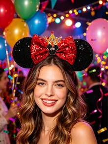 Disney 1件裝米奇手型髮箍，米奇亮片手指髮箍－節日派對頭飾、趣味拍照道具、遊樂園配件，適合生日派對與復活節活動，附可愛蝴蝶結卡通髮夾 - A - 查看 10