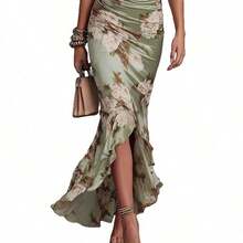 Women's Floral Print Satin Midi Dress, Ruched Bodycon Dress, High Slit Ruffle Hem Cocktail Dress, Elegant Evening Party Formal Dress, Fitted Floral Print Satin Party Dress - 綠色 - 查看 2
