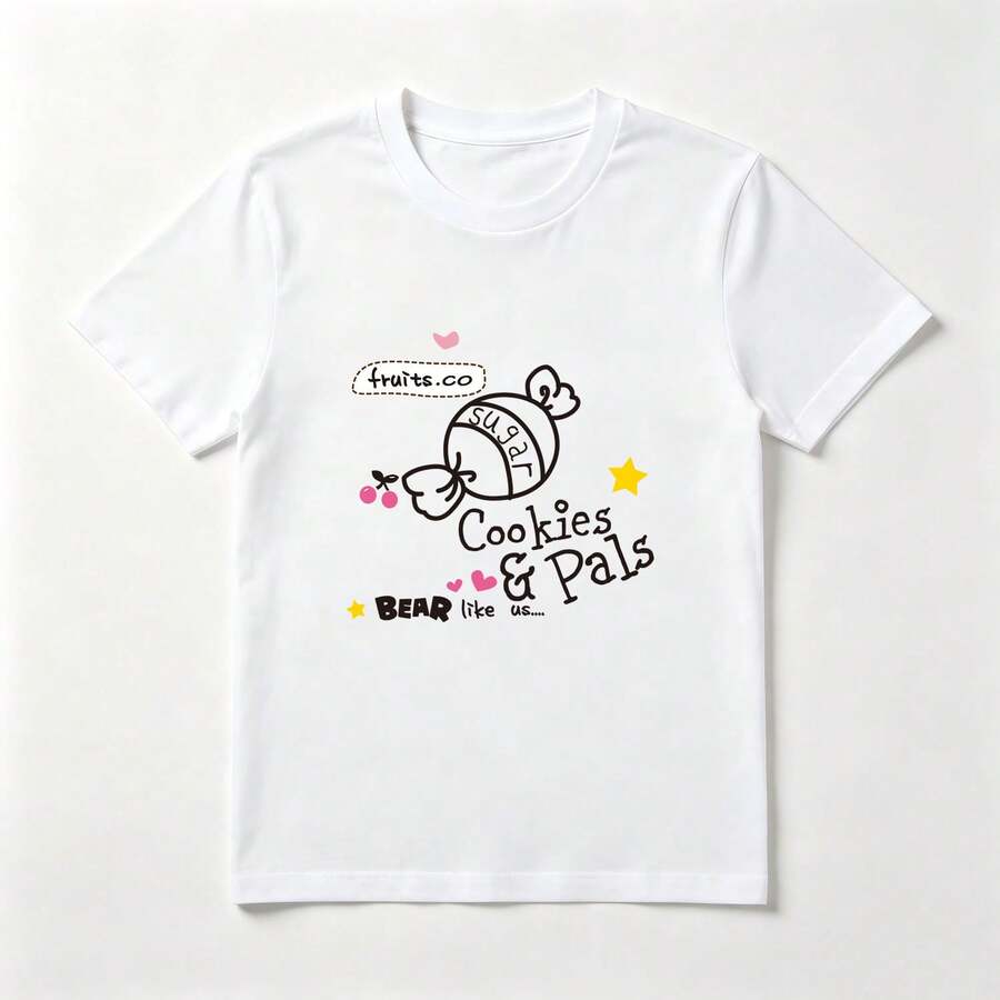 Sweet Cartoon White Cotton T-Shirt With Candy Design - 白色 - 查看 1