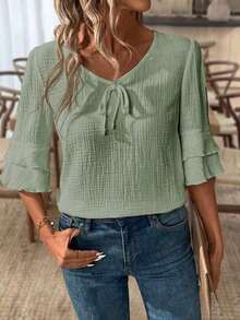 LUNE Women's Casual Linen Blouse With V-Neck And Short Sleeves With Ruffled Hem - Green - View 5