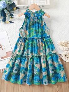 女童夏季时尚连衣裙，时尚吊带连衣裙，碎花公主风无袖连衣裙，荷叶边拼接无袖连衣裙，假日和休闲穿着的理想礼物 - 綠色 - 查看 2