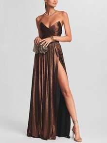 Vestido fiesta corsé sin mangas pliegues con abertura elegante estilo europeo mujer - Marrón - Ver 1