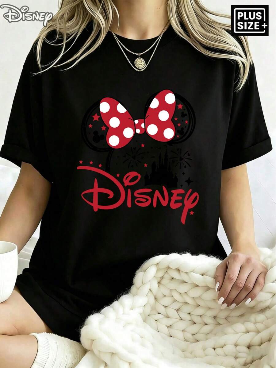 [Disney Official Authorization] Disney Authentic, Licensed, New Women's Casual Ribbed Crew Neck Short-Sleeved T-Shirt With Minnie Mouse Ears Print. Versatile And Retro Style, Suitable For Spring, Summer, And Autumn. Available In Sizes XS-XXL.Made From Soft, Comfortable, And Durable Pure Cotton, This Is An Ideal Choice For Spring And Summer. This Crew Neck T-Shirt Is Suitable For Various Occasions, Including Everyday Wear, Shopping, Parties, Travel, And Gatherings, And Also Makes A Thoughtful Gift.This Item Features A Loose Fit; If You Prefer A Slim Fit, We Recommend Ordering One Size Down. - Black - View 1