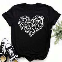 Camiseta Harajuku divertida con nota musical para mujer, Tops musicales, de manga corta Camiseta negra, camisetas informales para mujer - Negro - Ver 1