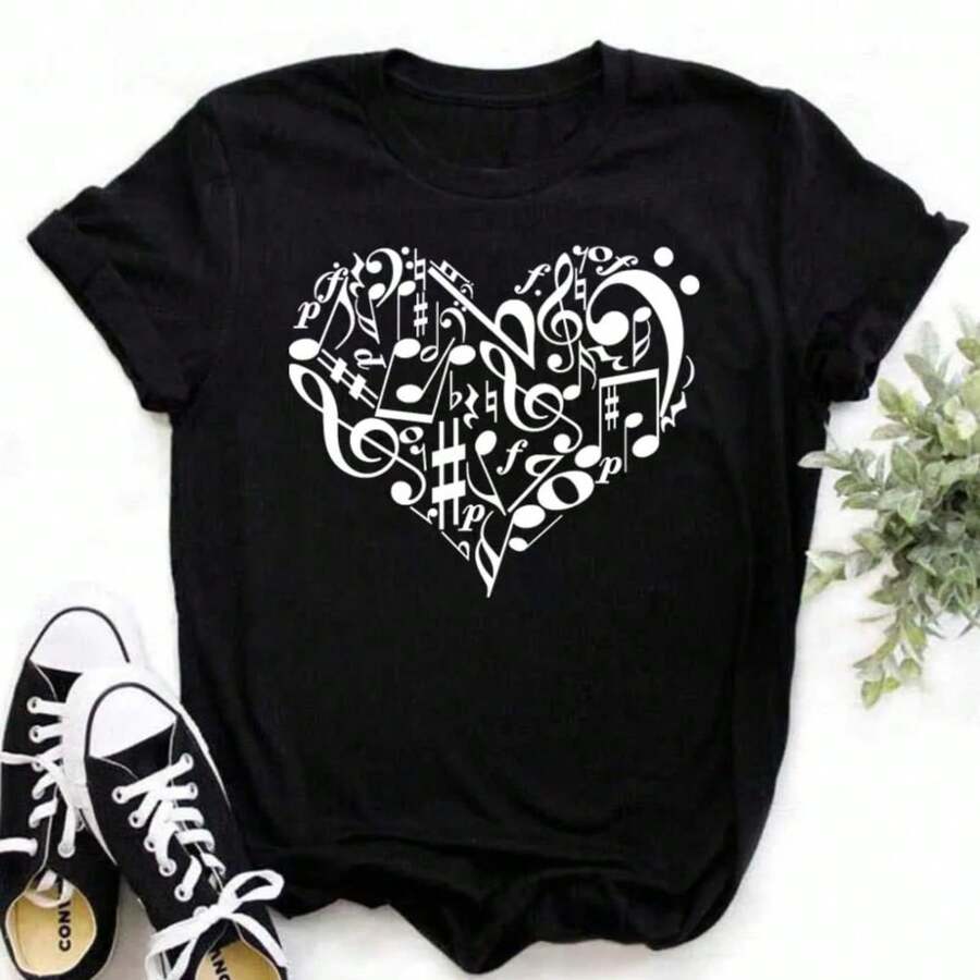 Camiseta Harajuku divertida con nota musical para mujer, Tops musicales, de manga corta Camiseta negra, camisetas informales para mujer - Negro - Ver 1