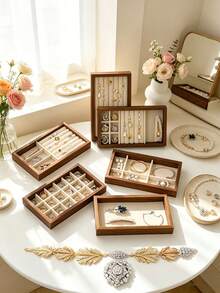 1pc Wooden Modular Jewelry Organizer Tray, Freely Combinable, Multi-Functional Jewelry Box With Drawers, Compartments For Rings, Earrings, Necklaces, Makeup Vanity Desktop Storage Tray - Multicolor - View 2