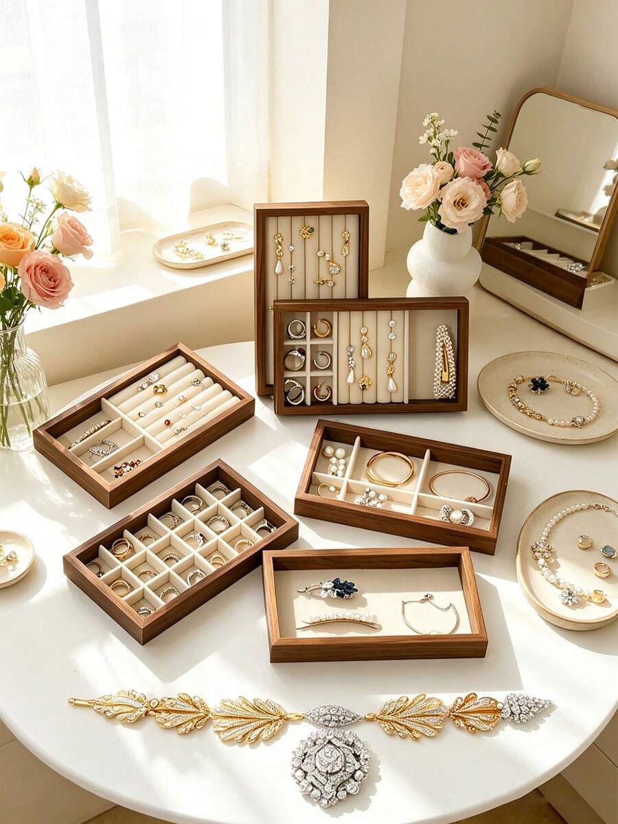 1pc Wooden Modular Jewelry Organizer Tray, Freely Combinable, Multi-Functional Jewelry Box With Drawers, Compartments For Rings, Earrings, Necklaces, Makeup Vanity Desktop Storage Tray