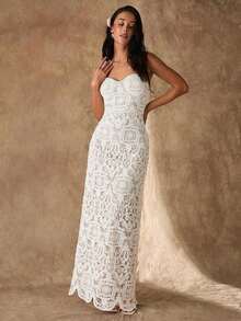 Vestido de fiesta elegante de mujer con tirantes finos y encaje floral, vestidos blancos de mujer, vestidos cortos de cumpleaños de mujer, ropa de verano para mujer - Blanco - Ver 4