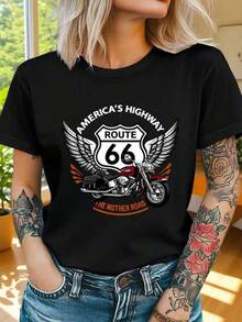 Women's Casual Cotton Crew Neck T-Shirt, A Unique And Modern T-Shirt With A  And Motorcycle Design In The Y2K Style, Perfect For Road Trip Lovers And Fans Of American Culture. Ideal For Standing Out On Any Occasion And Proudly Showing Your Passion For Freedom On The Open Road. - 黑色 - 查看 6