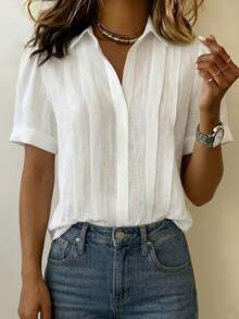 Women Collared Half Placket Short Sleeve Shirt, Solid Linen‑Texture Pleated Front Loose Fit Casual Fall Blouse - White - View 1