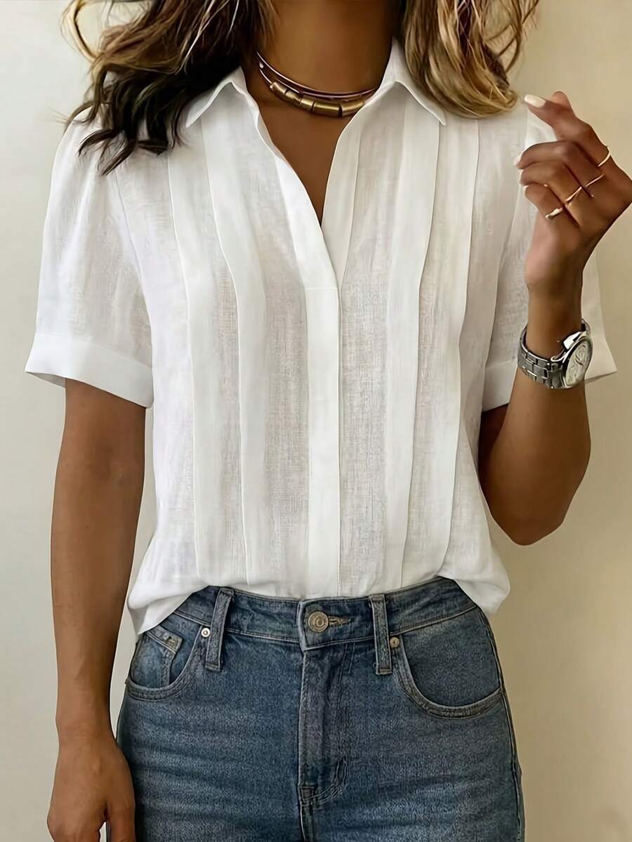 Women Collared Half Placket Short Sleeve Shirt, Solid Linen‑Texture Pleated Front Loose Fit Casual Fall Blouse - White - View 1