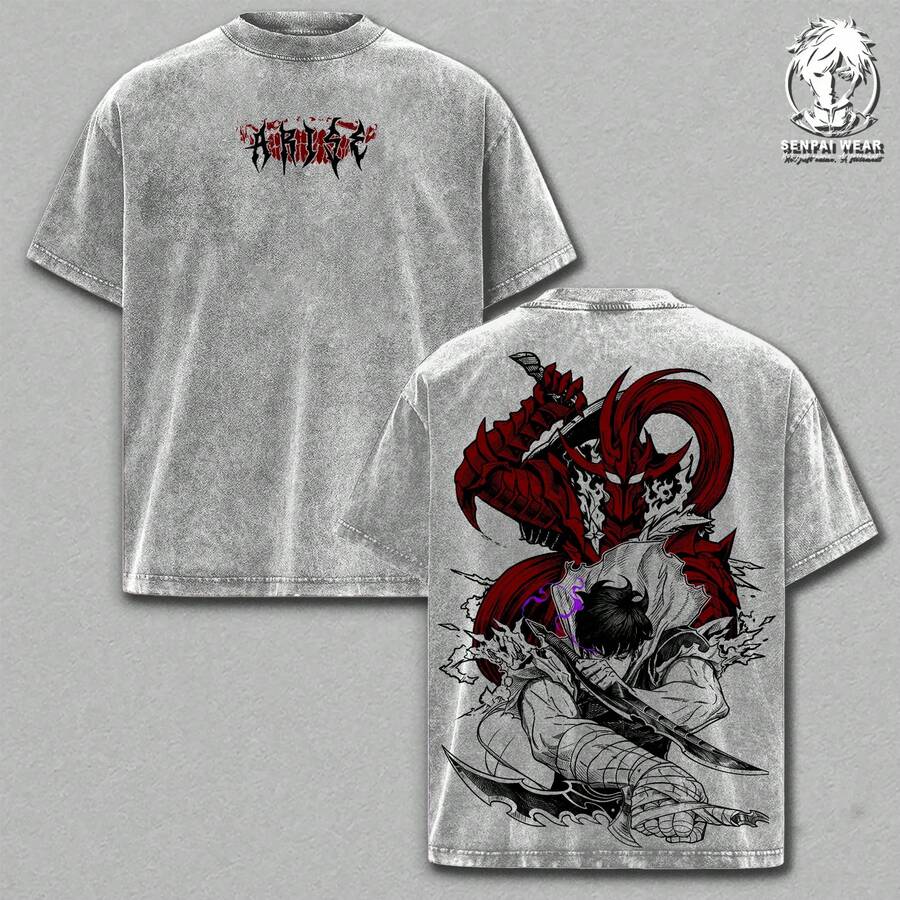 Sung Jinwoo T-Shirt – Leveling Oversized Anime Graphic Tee, Thick Cotton T-Shirt With Acid Wash Effect, Vintage Manhwa Streetwear, Unisex Casual Wear, Anime Merchandise, Gift For Anime Fans - 灰色 - 查看 1