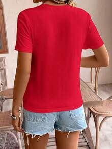 Camiseta Casual de Manga Corta para Mujer - Estampado Geométrico, Top de Verano con Cuello Redondo Transpirable, Camisa Ligera Lavable a Máquina, Ropa Cómoda y Fácil de Cuidar, Diseño Vibrante, Ajuste Confortable - [Rojo] - Ver 2