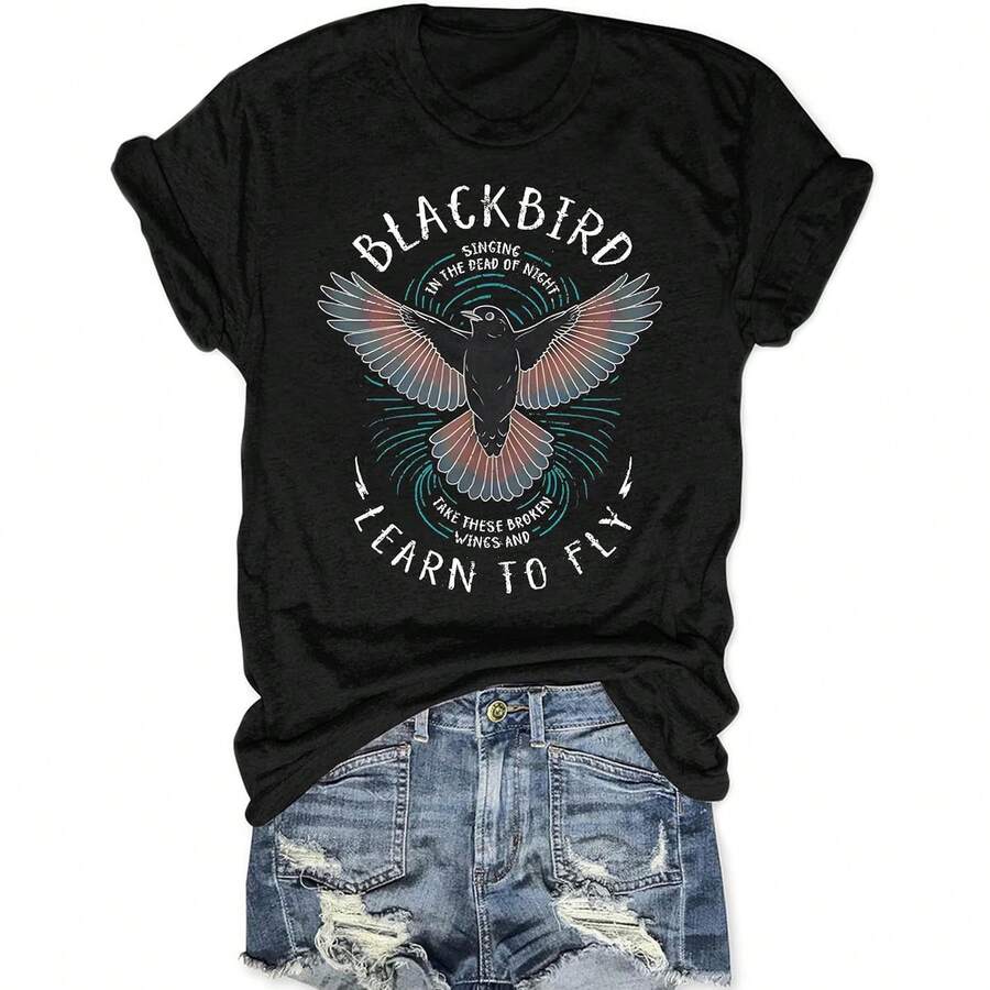 playera de manga corta con banda de rock, color negro, estilo clásico, retro, con gráficos musicales, para conciertos, para mujer - Negro - Ver 1