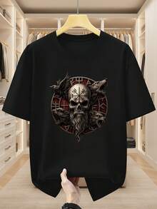 Camisetas de manga corta para hombre de talla grande, 100% algodón, estilo nórdico, con estampados de calaveras, lobos y runas. Camiseta cómoda y casual para el verano. - Negro - Ver 6