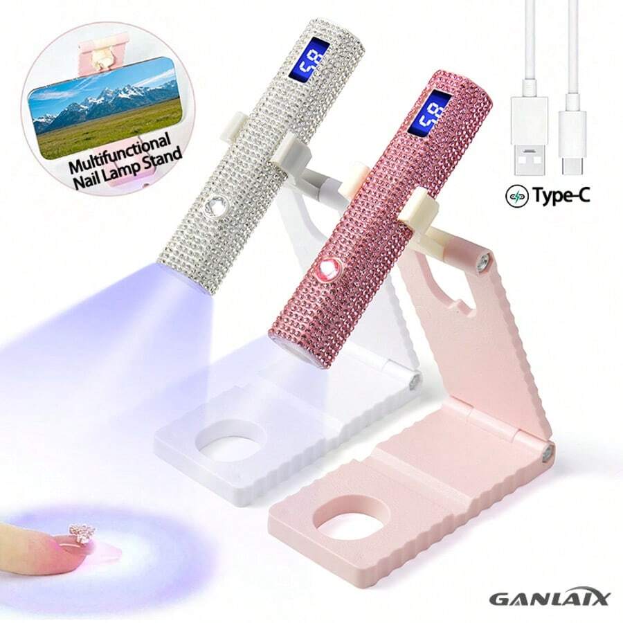 GANLAIX 水鑽美甲烘乾燈附支架，便攜手持式 USB 充電凝膠美甲燈，LCD 顯示螢幕，快速固化迷你凝膠指甲油燈，女性禮物