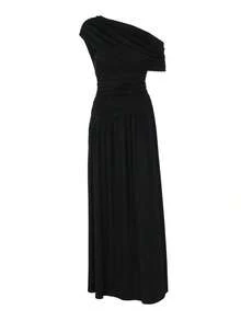 Vestido largo plisado de unicolor con cuello oblicuo para mujer, ajustado y estilizador, elegante y sexy vestido de fiesta de verano - Marrón - Ver 6