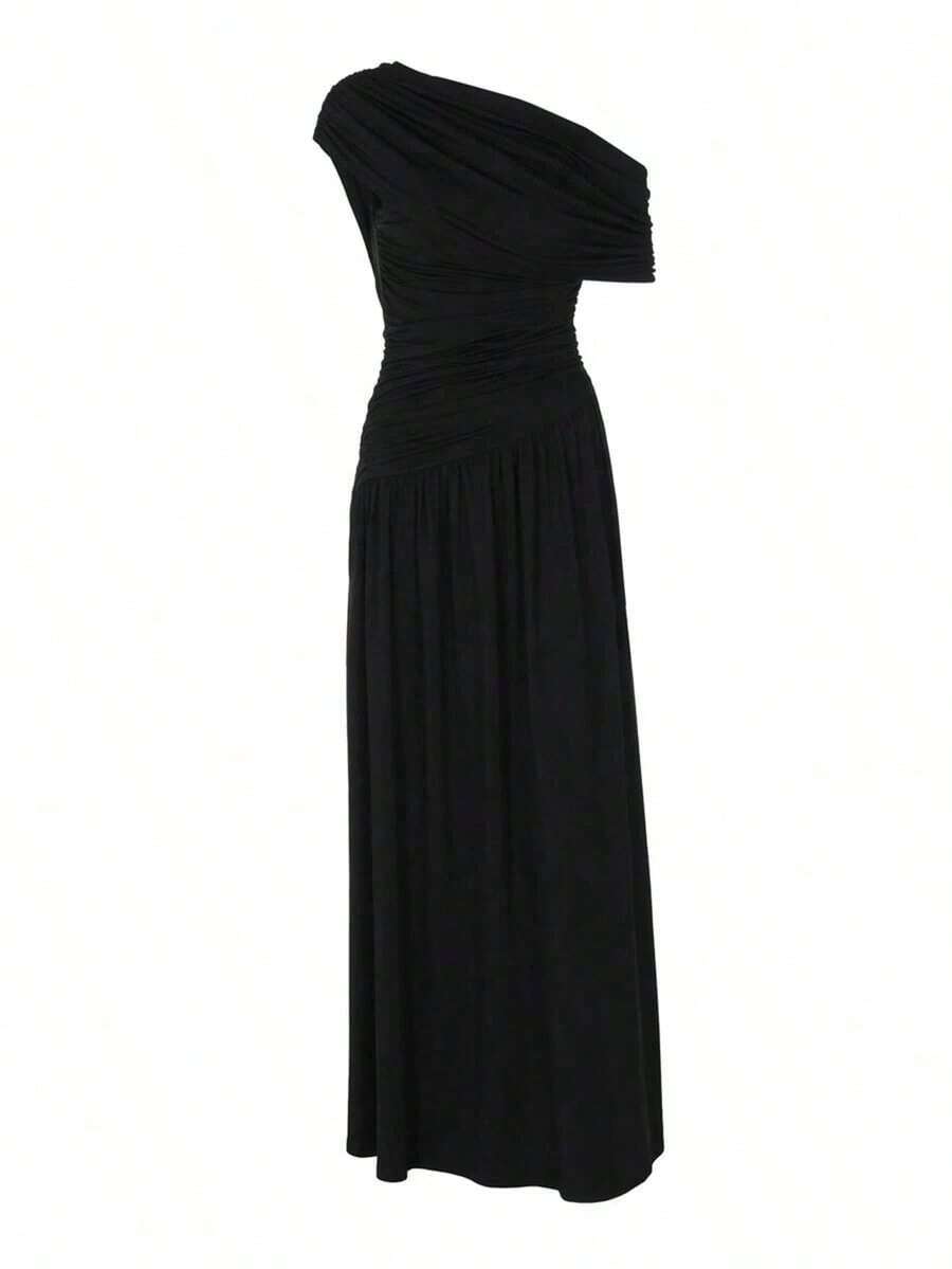 Vestido largo plisado de unicolor con cuello oblicuo para mujer, ajustado y estilizador, elegante y sexy vestido de fiesta de verano - Negro - Ver 1