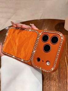 Luxury Sparkling Rhinestone Inlaid Satin Velvet Phone Case Compatible With IPhone 17 Pro, 17, 16 Pro Max, 16 Pro, 16, 15 Pro Max, 15 Pro, 15, 14 Pro Max, 14 Pro, 14, 13 Pro Max, 13 Pro, 13, Stylish Matte Solid Color Soft Silicone Back Cover - Orange - View 2