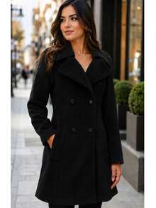 Elegant Long Wool Women's Coat, Double Button Overcoat, Tailored Casual Chic, Stylish Women's Fashion - 黑色 - 查看 1
