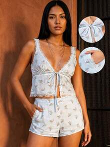 Rouah Conjunto de camiseta y pantalones cortos con estampado floral bohemio y adorno de encaje para resort - Multicolor - Ver 1