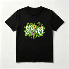 Primavera Floral Playera de Algodón Negro con Diseño de Hojas y Flores - Negro - Ver 1