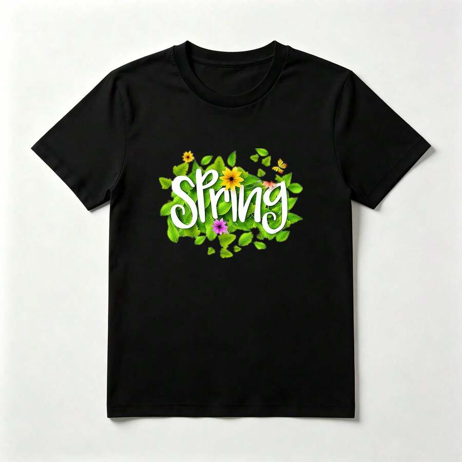 Primavera Floral Playera de Algodón Negro con Diseño de Hojas y Flores - Negro - Ver 1
