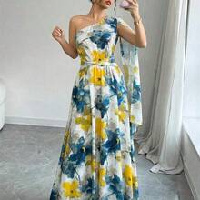 Nana's Women's Clothing Store  Vestido elegante con estampado floral teñido anudado, dobladillo irregular, sin mangas, hombro asimétrico, cintura fruncida, nuevo vestido de verano para vacaciones para mujeres - Rosa - Ver 7