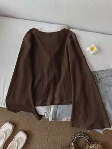 Blusa casual de mujer de unicolor con cuello en V, mangas acampanadas y nudo delantero, top de primavera/otoño con cuello en V marrón, top marrón oscuro, top marrón chocolate, top marrón café, top marrón con nudo delantero, casual - Café integral - Ver 2