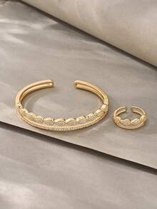 Gold Bangle Set, Versatile Textured White Gold Copper Inlaid With Zirconia, Suitable For Daily Wear, Gatherings, Dates, Parties, Gifts - Gold - View 5
