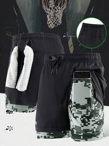 Men's 2-In-1 Outdoor Sports Running Shorts, Breathable Quick-Dry Camouflage Mosaic Print, Suitable For Spring/Summer Outdoor Running & Fitness - Black - View 1