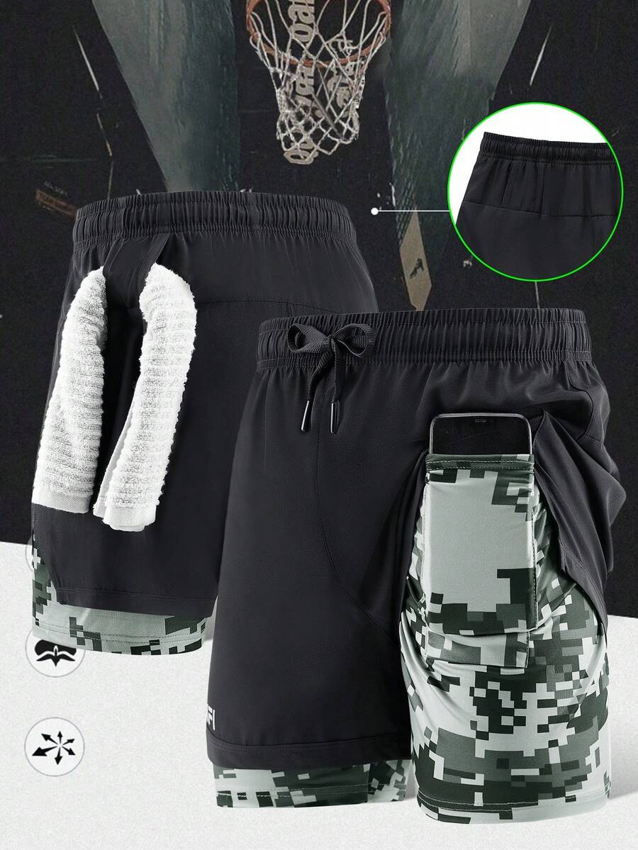 Men's 2-In-1 Outdoor Sports Running Shorts, Breathable Quick-Dry Camouflage Mosaic Print, Suitable For Spring/Summer Outdoor Running & Fitness - Black - View 1
