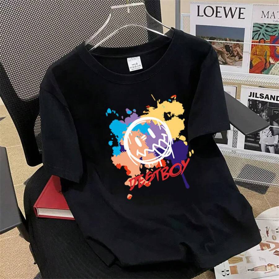 Special: Men's Short Sleeve Summer T-Shirt, Round Neck, Loose Fit, Modern Print, Fashionable Student Sports T-Shirt. - 粉色 - 查看 1