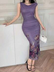 xheFeyla Vestido elegante largo y ajustado con estampado floral y pliegues para mujerxhe - Morado - Ver 4