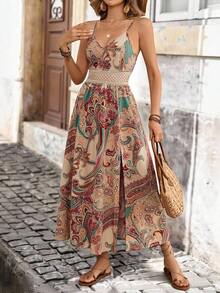 xheBrillora Vestido de mujer con corte lateral e impresión vacacional con cuello halter tejidoxhe - Multicolor - Ver 5