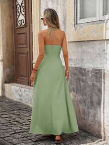 xheBrillora Vestido de moda con textura, plisado, de unicolor y con lazo en el cuello para mujerxhe - Verde - Ver 3