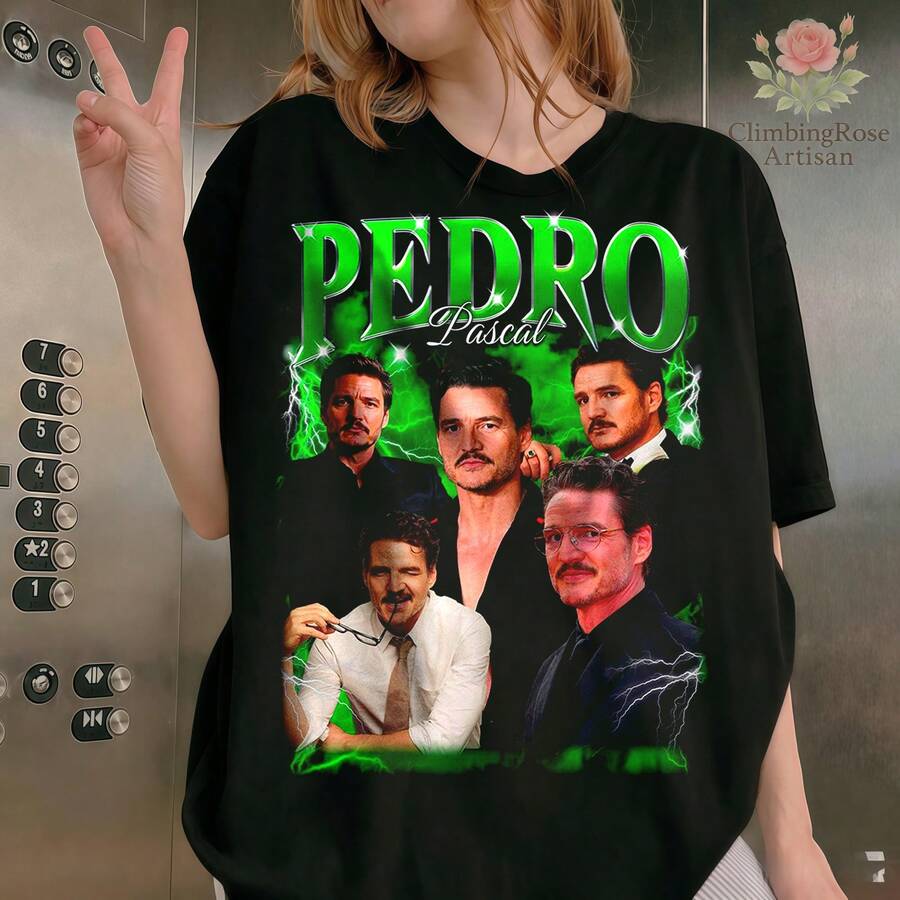 Retro Pedro Pascal T-Shirt For Men, Ideal Gift, Mandalorian Item For Women, Trendys Sweater For Fans, Vintage Badge, Green Lightning Bolt Pedro Pascal T-Shirt For Girls' Night Out. - 黑色 - 查看 1