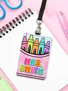 1pc Customized Name Teacher Leather ID Card Holder, Apple & Crayon Themed ID Card Sleeve, Personalized End Of Semester Teacher Gift, Teacher's Day Gift, Back To School, Classroom Decor Lanyard - Multicolor - View 8