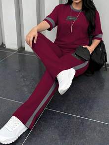 大尺碼女款新款圓領短袖T恤與彈性腰鬆身長褲2件套優雅夏季套裝 - 酒紅+灰色 - 查看 8