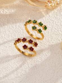 1 Stück Edelstahl Mode minimalistischer kreativer roter & grüner Öltropfen Blatt offener Ring, geeignet für den täglichen Gebrauch von Frauen oder als Geschenk - Goldgelb - Übersicht 9