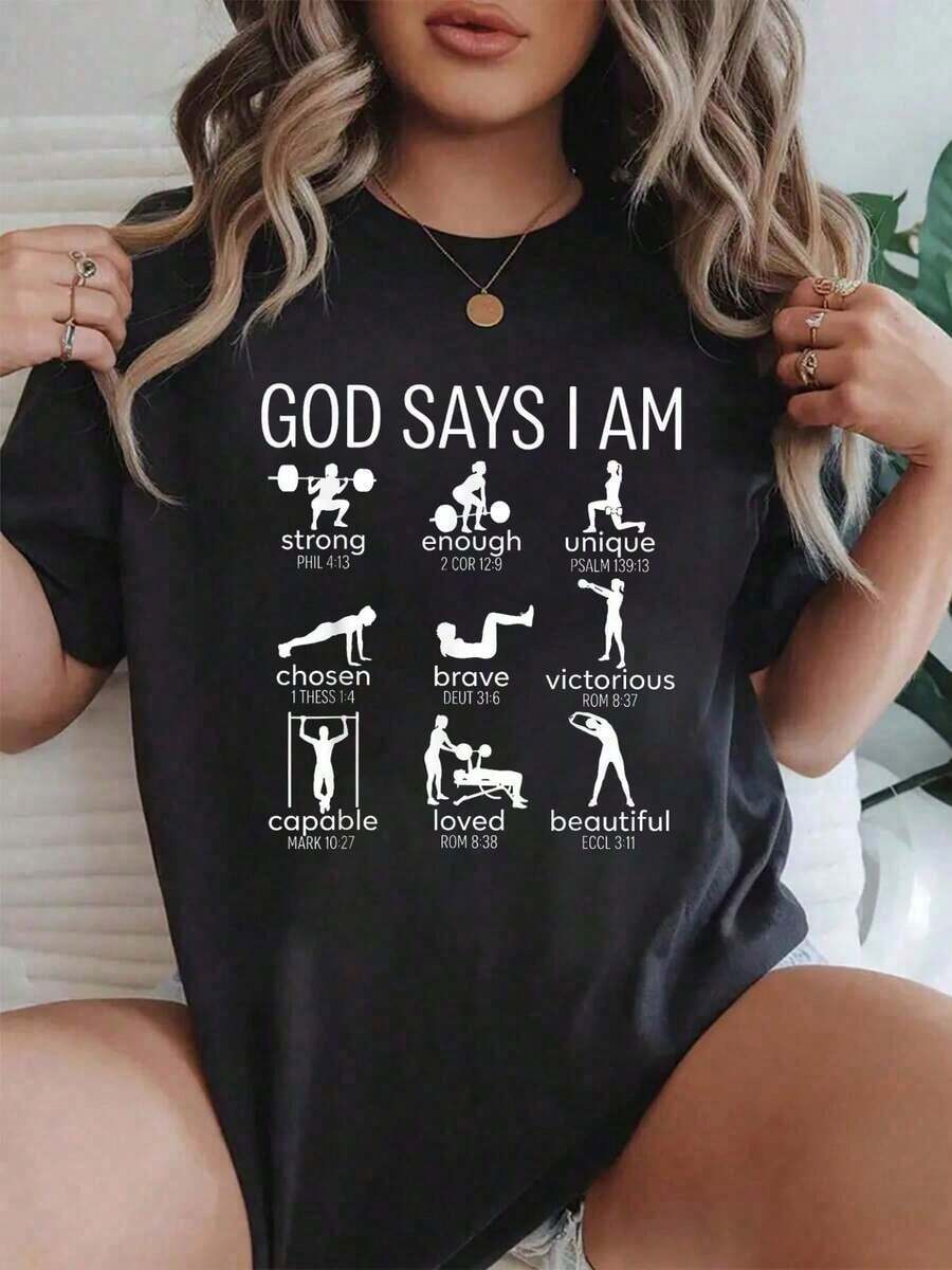 Pure Cotton Blouse, Round Neck, Short Sleeve, Summer Top With Inspirational Phrase "God Says I Am" - Lightweight, Soft, Breathable, Ideal For Workouts And Everyday Wear - Casual Style For Women - 黑色 - 查看 1