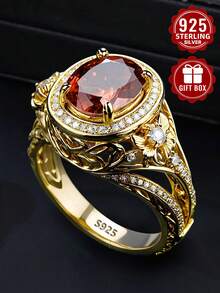 1pc 925 Sterling Silver Ring, Exquisite Carved Hollow Craftsmanship, Inlaid With Red Synthetic Zirconia, Size 7-11, Comes With Gift Box - Gold - View 2