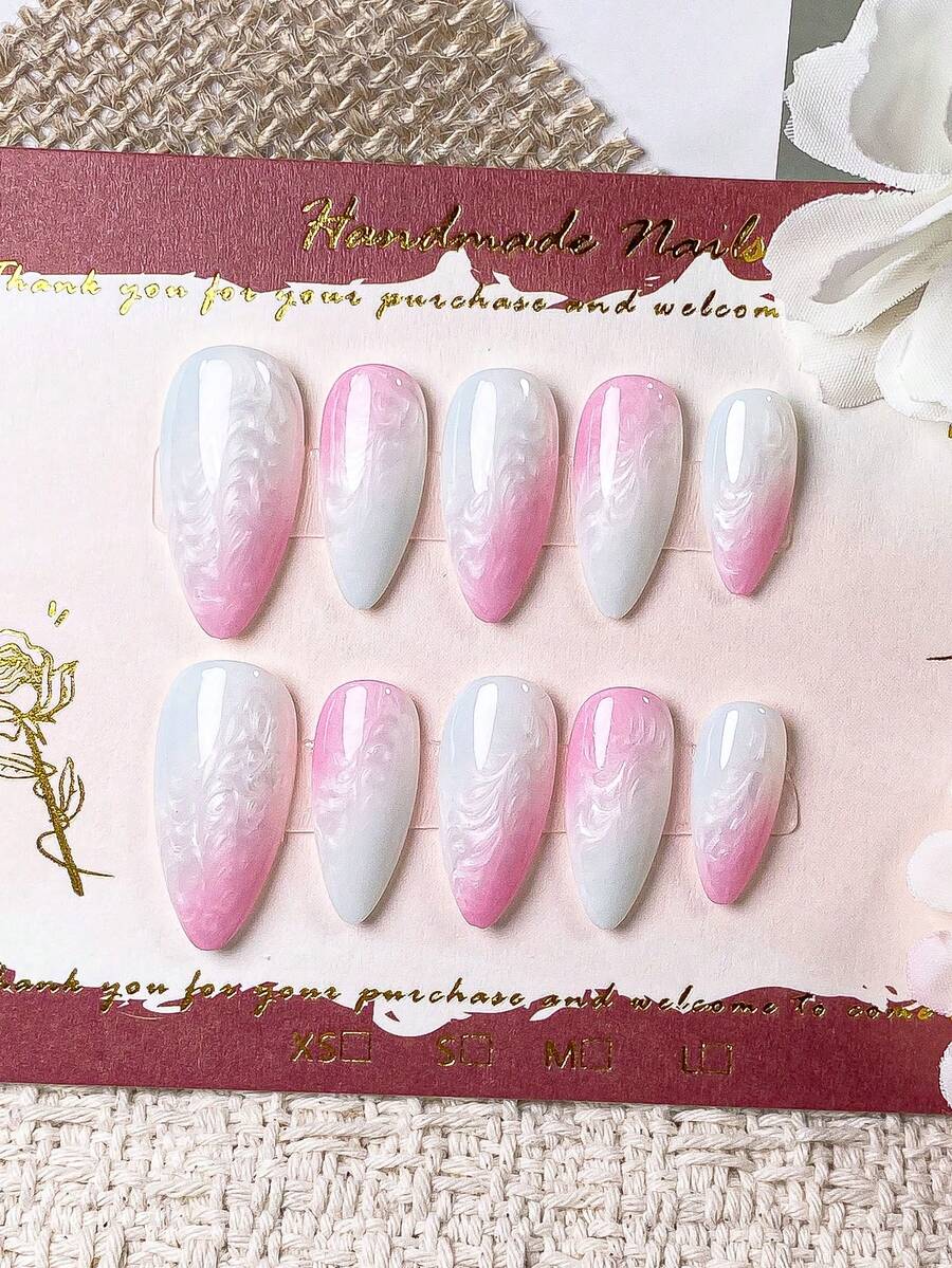 10 Pieces Of Handmade Almond Nail Polish In Pink, Green, And White With Mixed Shading, Textured Tips, And A Pointed Shape. Simple Design, Vibrant Colors. Summer Item. Quickly Wearable And Removable; Press-On False Nails. - Multicolor - View 1